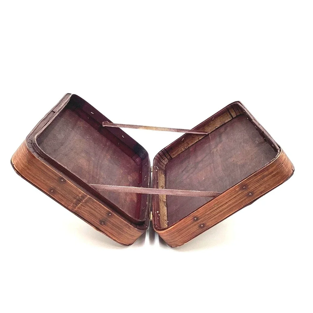 Vintage Woven Bamboo Wood Storage Box Brown‎ Wicker Suitcase Boho Coastal